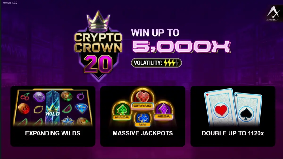 Tampilan layar permainan slot Crypto Crown 20 dengan simbol kripto dan neon fruit