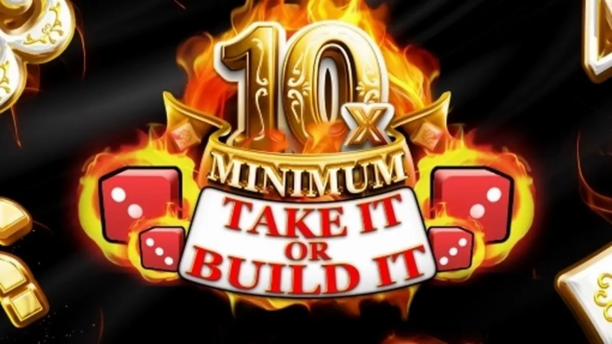 Tampilan visual slot 10x Minimum Take It or Build It dengan desain lima gulungan yang modern.
